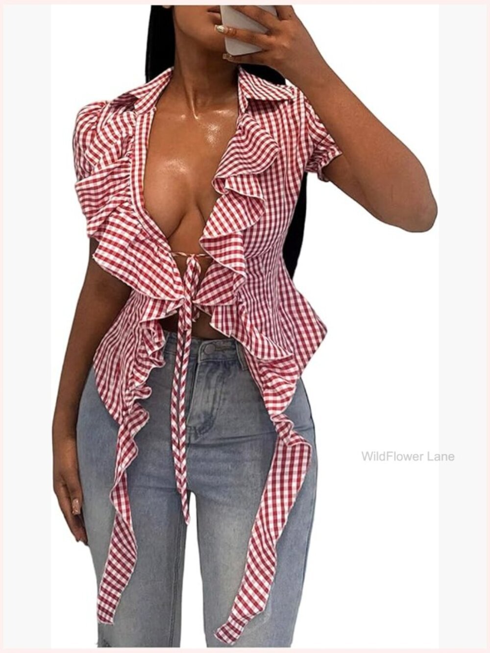 Gingham Plaid Ruffle Blouse V Neck Asymmetrical Short Sleeve Shirt